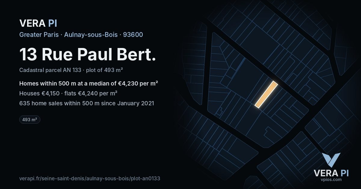 13 Rue Paul Bert, Aulnay-sous-Bois at night – the plot lit, the parcels around coloured by the prices near them
