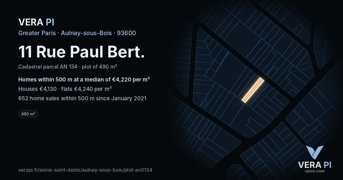 11 Rue Paul Bert, Aulnay-sous-Bois at night – the plot lit, the parcels around coloured by the prices near them