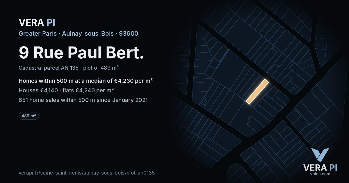 9 Rue Paul Bert, Aulnay-sous-Bois at night – the plot lit, the parcels around coloured by the prices near them