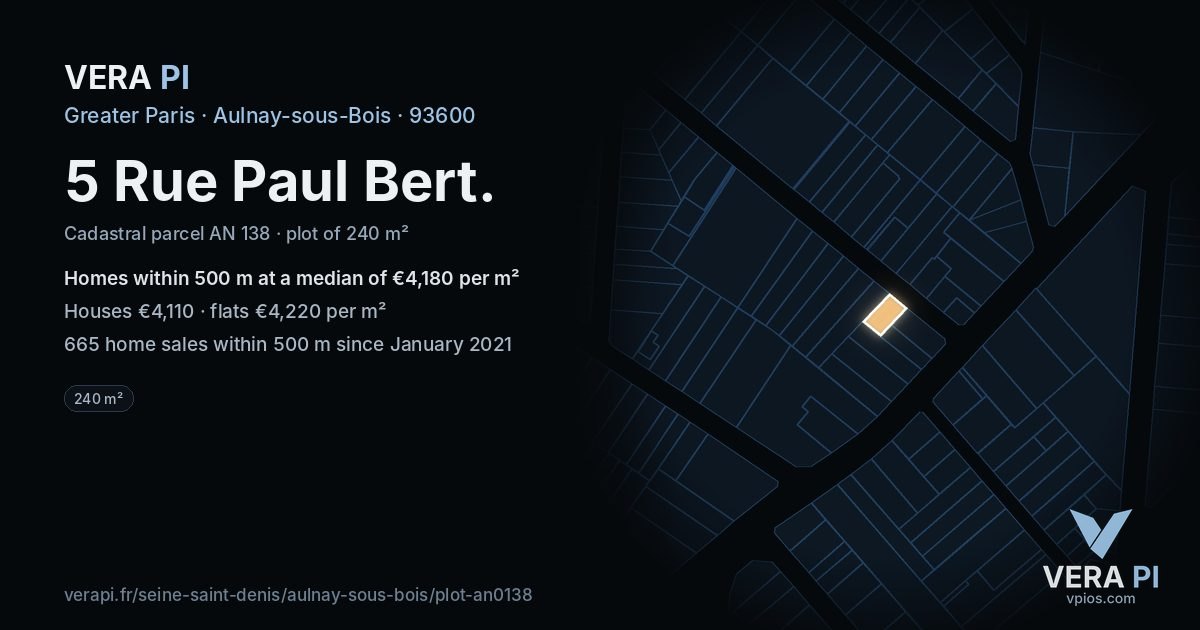 5 Rue Paul Bert, Aulnay-sous-Bois at night – the plot lit, the parcels around coloured by the prices near them