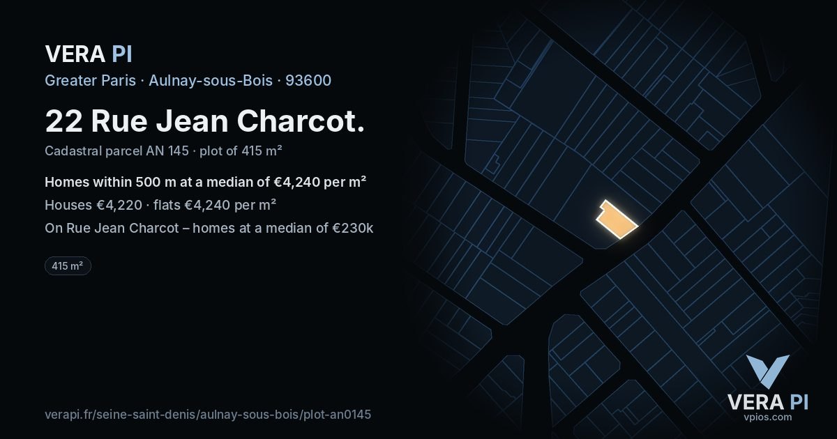 22 Rue Jean Charcot, Aulnay-sous-Bois at night – the plot lit, the parcels around coloured by the prices near them