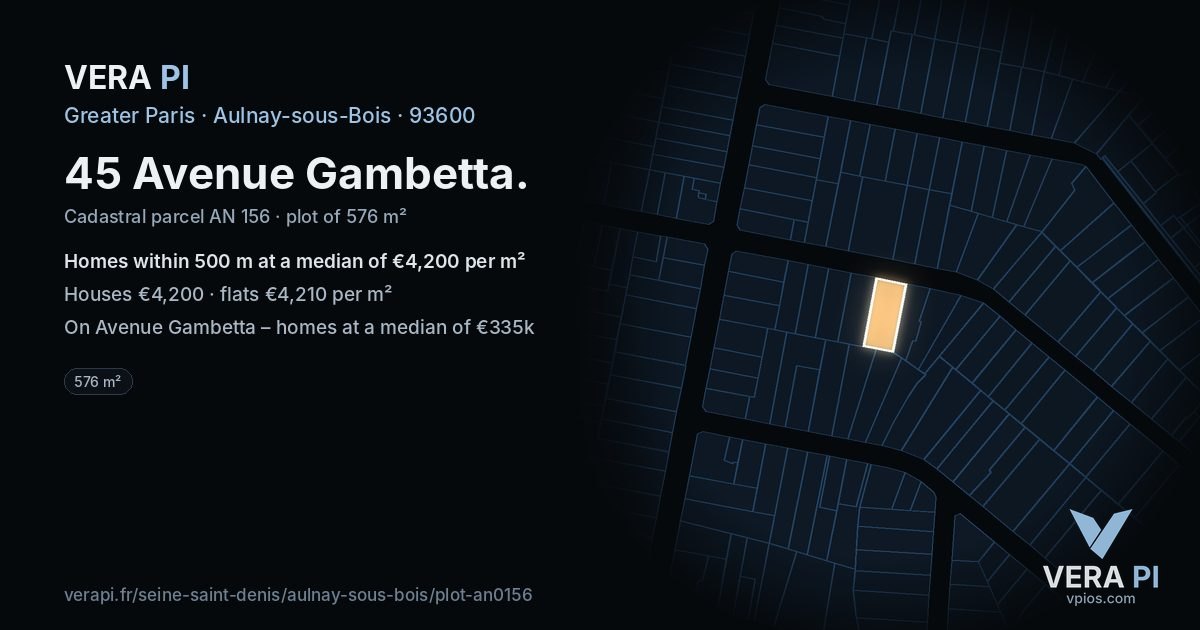 45 Avenue Gambetta, Aulnay-sous-Bois at night – the plot lit, the parcels around coloured by the prices near them