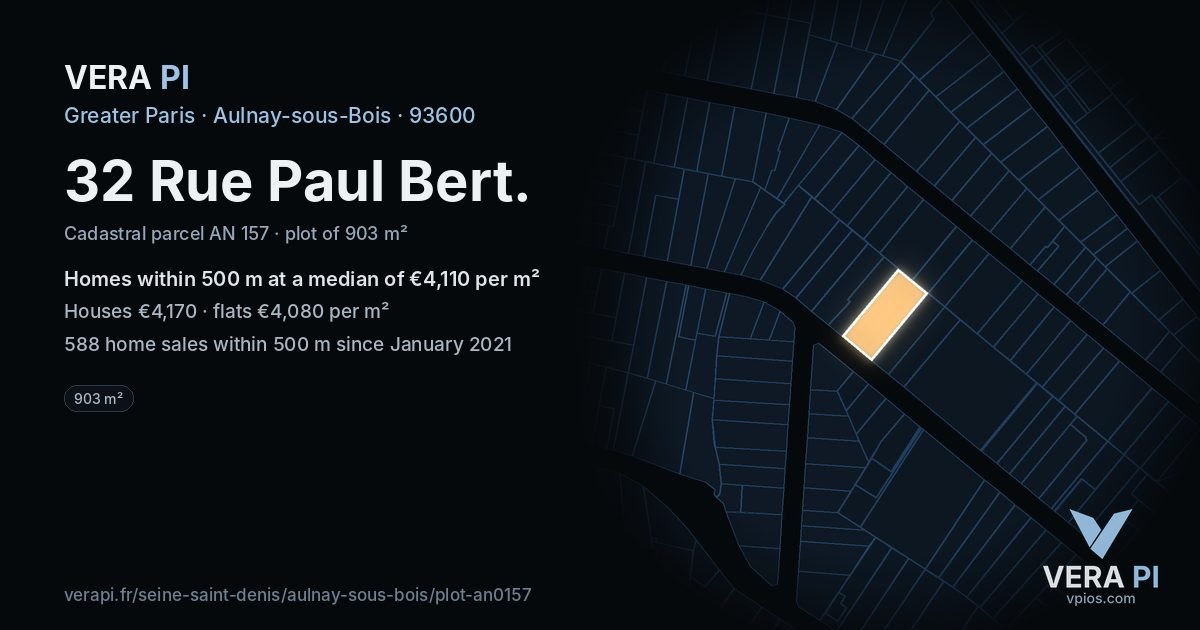 32 Rue Paul Bert, Aulnay-sous-Bois at night – the plot lit, the parcels around coloured by the prices near them