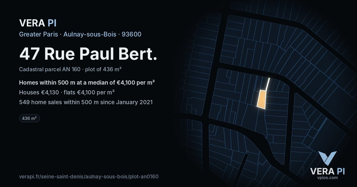 47 Rue Paul Bert, Aulnay-sous-Bois at night – the plot lit, the parcels around coloured by the prices near them
