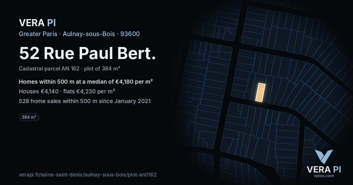 52 Rue Paul Bert, Aulnay-sous-Bois at night – the plot lit, the parcels around coloured by the prices near them
