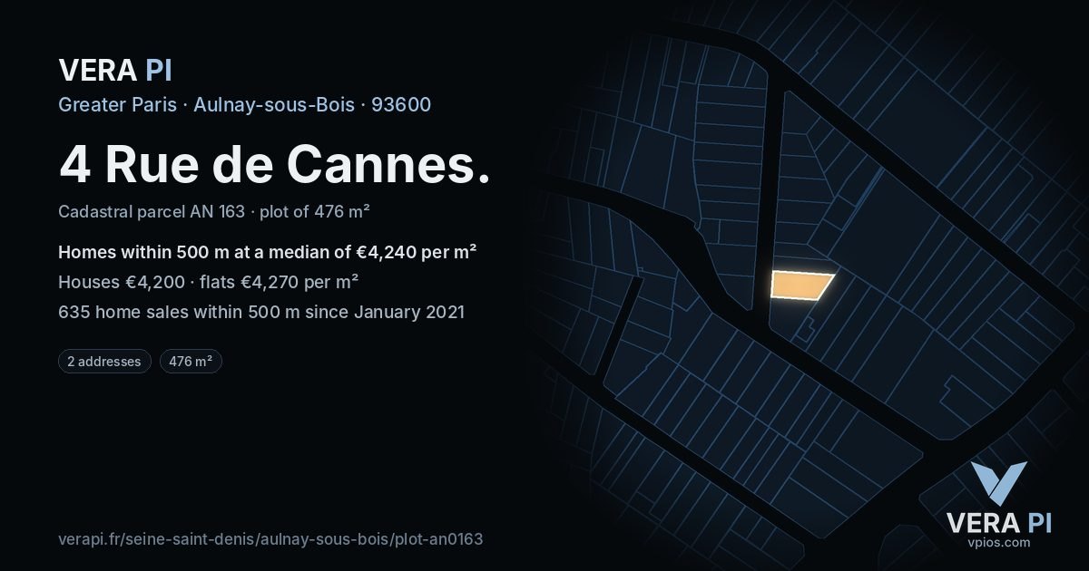 4 Rue de Cannes, Aulnay-sous-Bois at night – the plot lit, the parcels around coloured by the prices near them