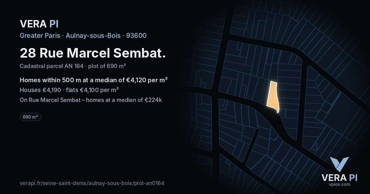 28 Rue Marcel Sembat, Aulnay-sous-Bois at night – the plot lit, the parcels around coloured by the prices near them