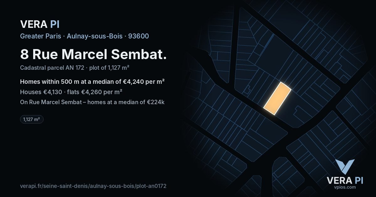 8 Rue Marcel Sembat, Aulnay-sous-Bois at night – the plot lit, the parcels around coloured by the prices near them