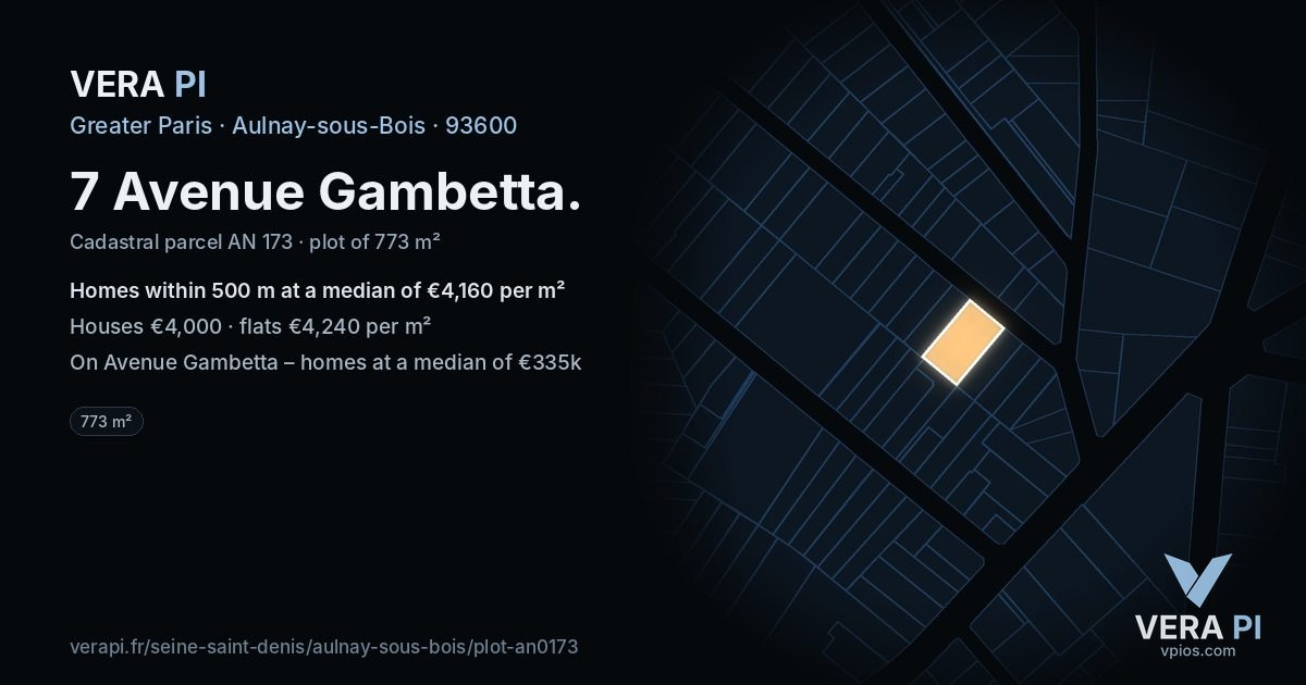 7 Avenue Gambetta, Aulnay-sous-Bois at night – the plot lit, the parcels around coloured by the prices near them
