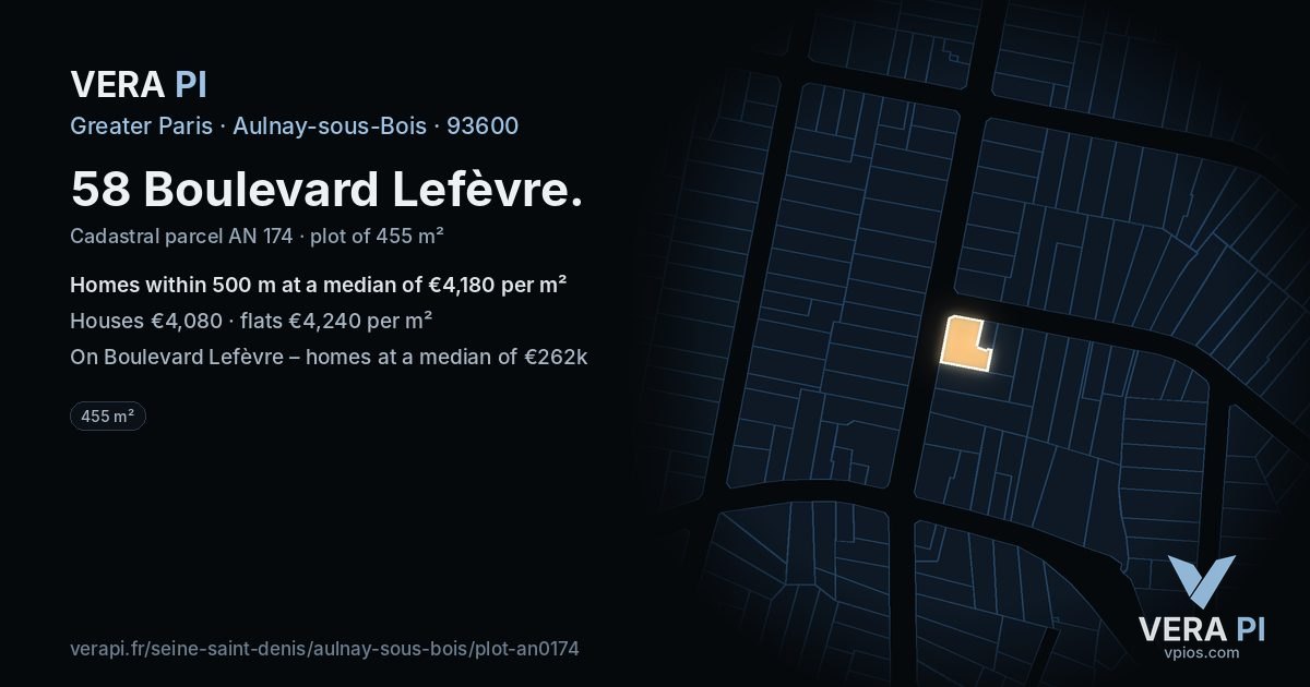 58 Boulevard Lefèvre, Aulnay-sous-Bois at night – the plot lit, the parcels around coloured by the prices near them