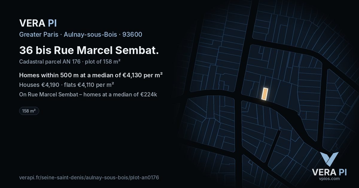 36 bis Rue Marcel Sembat, Aulnay-sous-Bois at night – the plot lit, the parcels around coloured by the prices near them