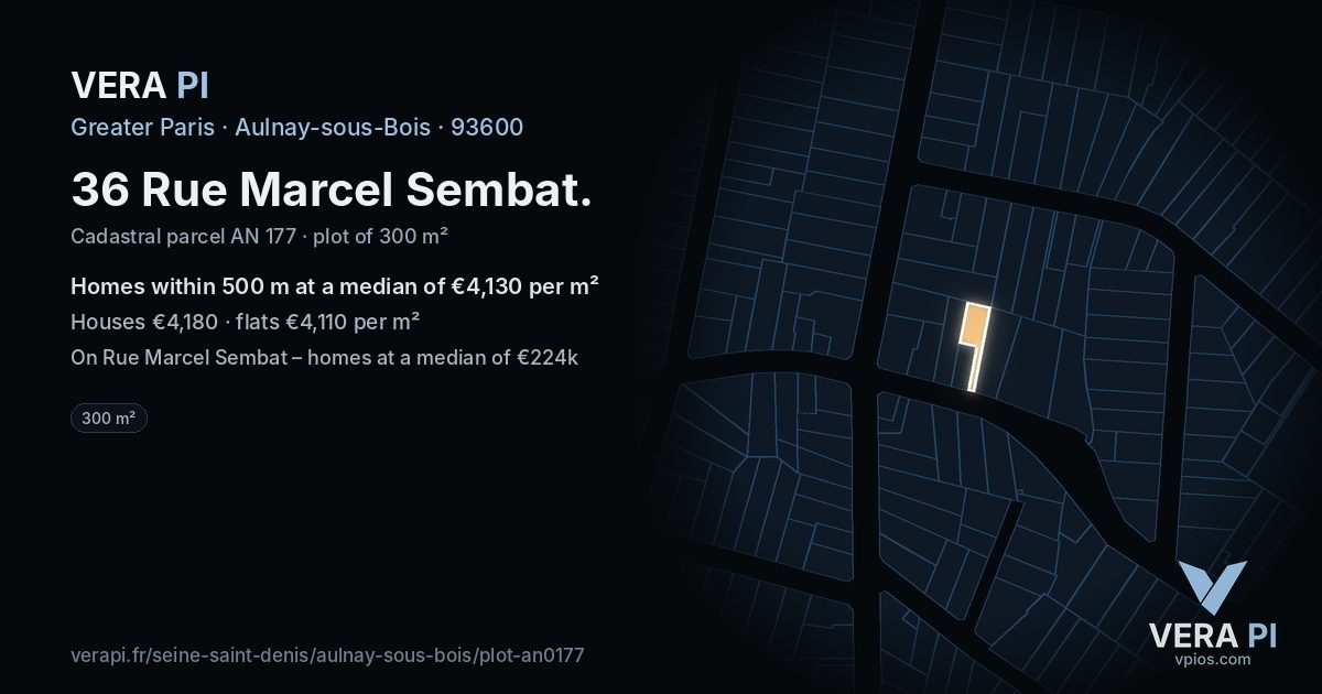 36 Rue Marcel Sembat, Aulnay-sous-Bois at night – the plot lit, the parcels around coloured by the prices near them