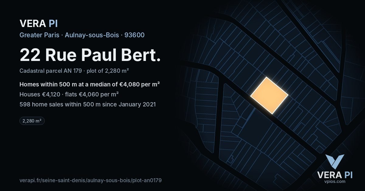22 Rue Paul Bert, Aulnay-sous-Bois at night – the plot lit, the parcels around coloured by the prices near them