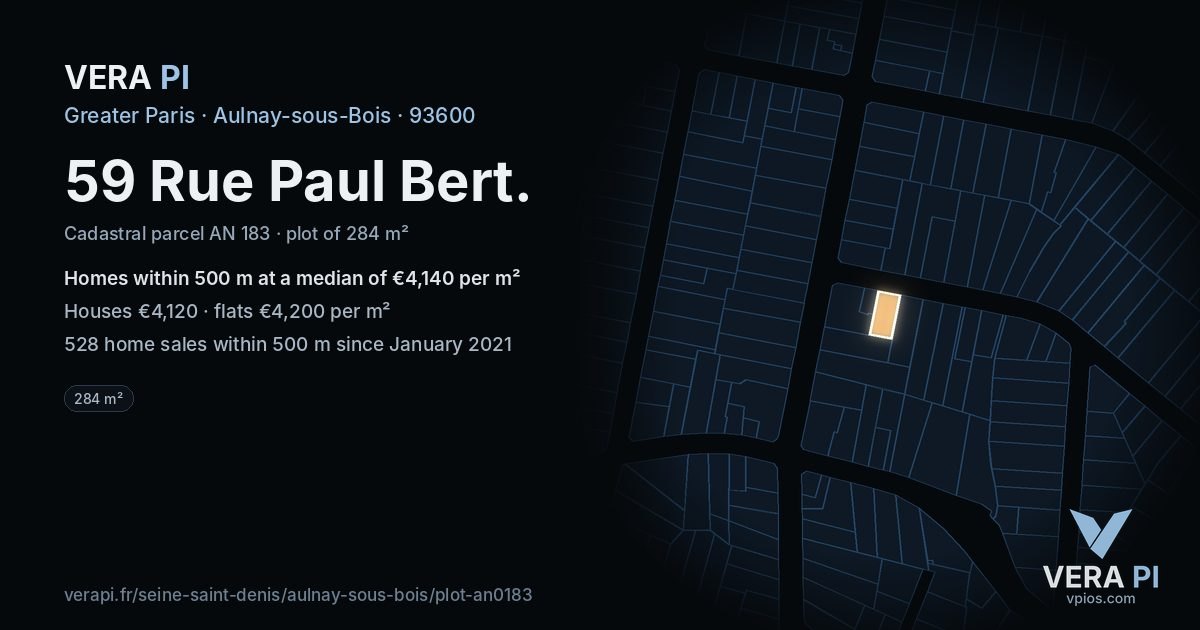 59 Rue Paul Bert, Aulnay-sous-Bois at night – the plot lit, the parcels around coloured by the prices near them