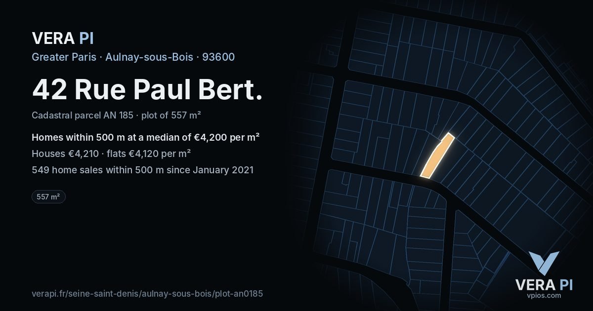 42 Rue Paul Bert, Aulnay-sous-Bois at night – the plot lit, the parcels around coloured by the prices near them