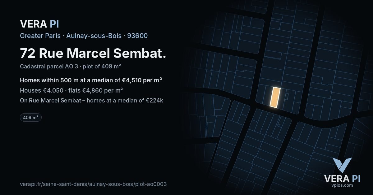 72 Rue Marcel Sembat, Aulnay-sous-Bois at night – the plot lit, the parcels around coloured by the prices near them