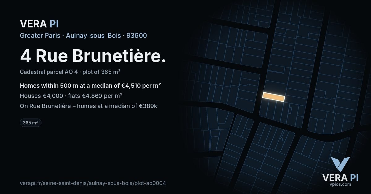 4 Rue Brunetière, Aulnay-sous-Bois at night – the plot lit, the parcels around coloured by the prices near them