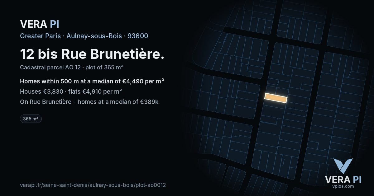 12 bis Rue Brunetière, Aulnay-sous-Bois at night – the plot lit, the parcels around coloured by the prices near them