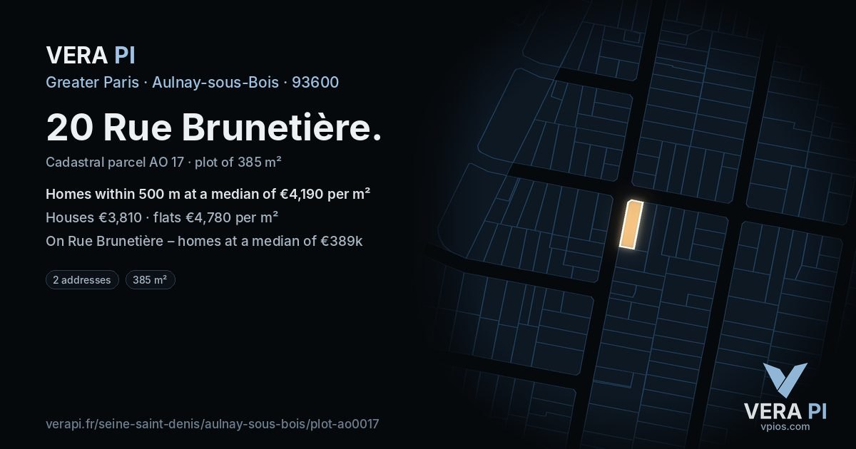 20 Rue Brunetière, Aulnay-sous-Bois at night – the plot lit, the parcels around coloured by the prices near them