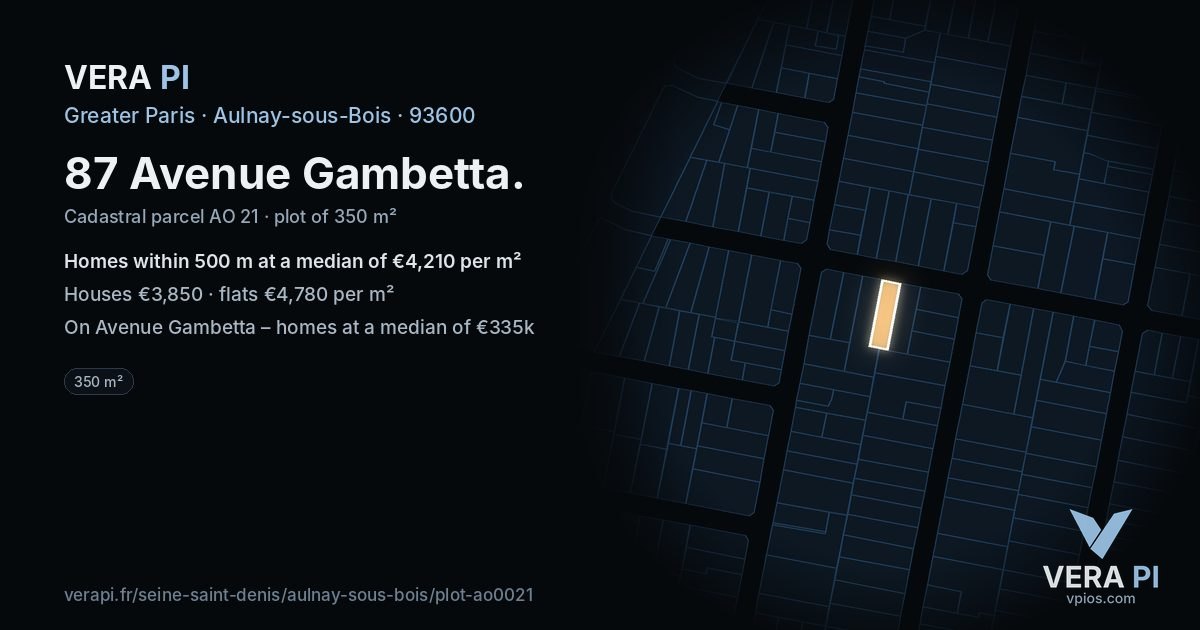 87 Avenue Gambetta, Aulnay-sous-Bois at night – the plot lit, the parcels around coloured by the prices near them