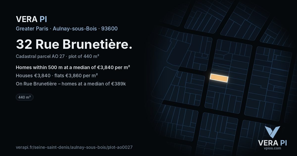 32 Rue Brunetière, Aulnay-sous-Bois at night – the plot lit, the parcels around coloured by the prices near them
