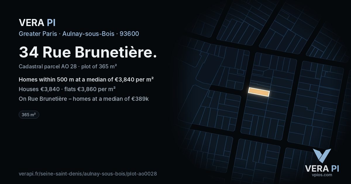 34 Rue Brunetière, Aulnay-sous-Bois at night – the plot lit, the parcels around coloured by the prices near them