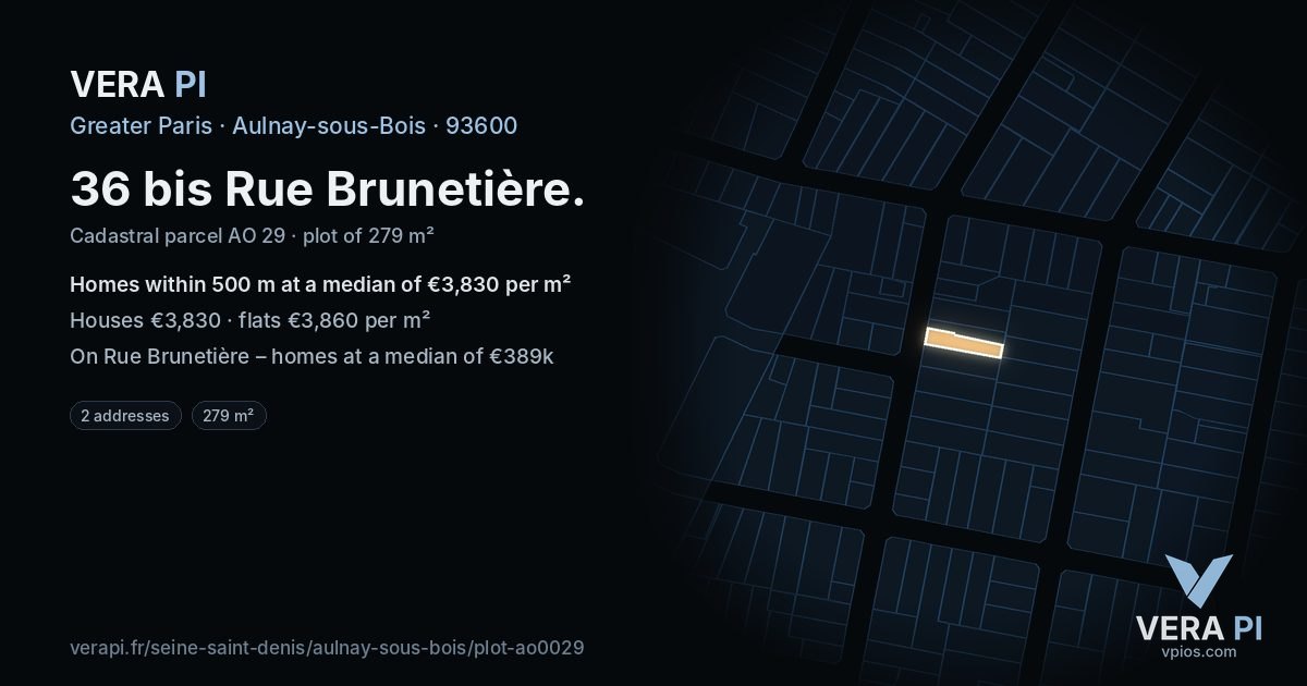 36 bis Rue Brunetière, Aulnay-sous-Bois at night – the plot lit, the parcels around coloured by the prices near them