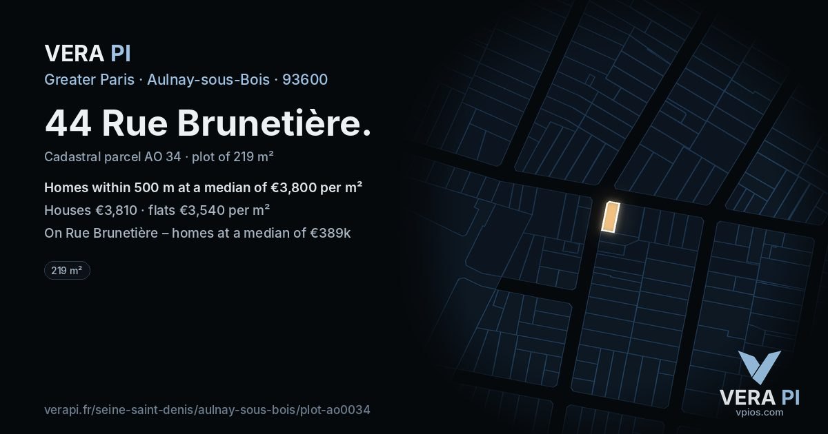 44 Rue Brunetière, Aulnay-sous-Bois at night – the plot lit, the parcels around coloured by the prices near them