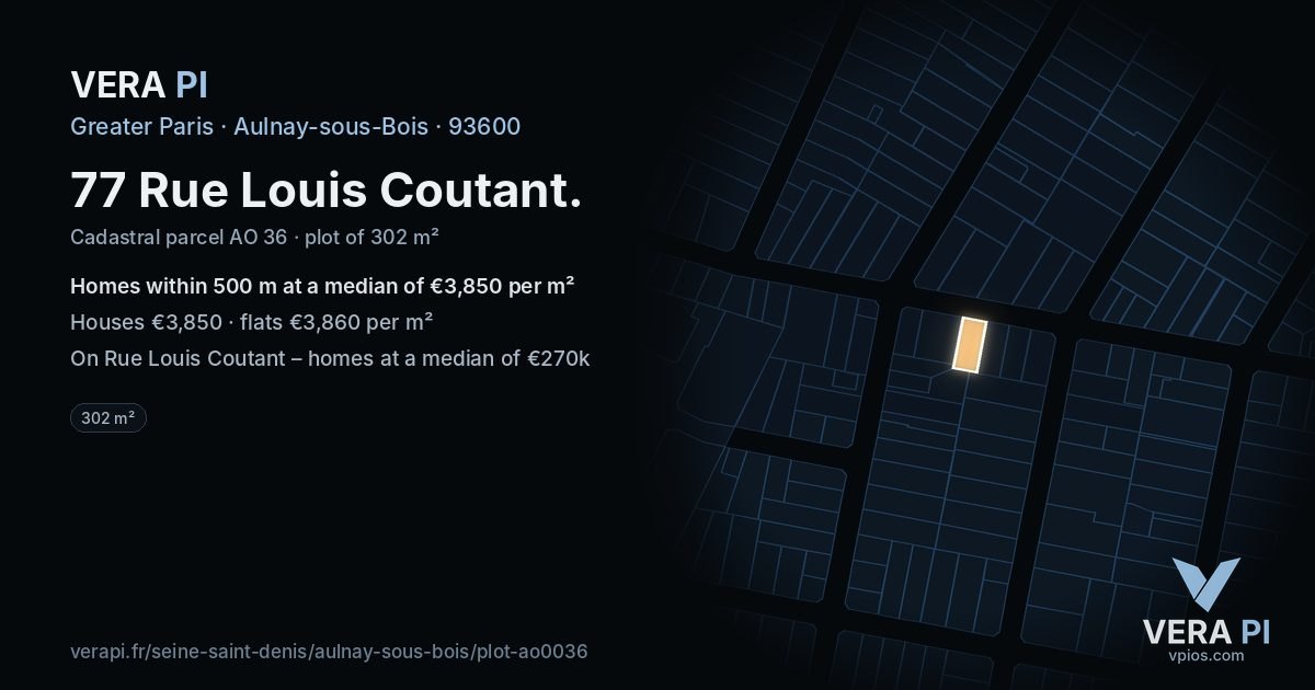77 Rue Louis Coutant, Aulnay-sous-Bois at night – the plot lit, the parcels around coloured by the prices near them