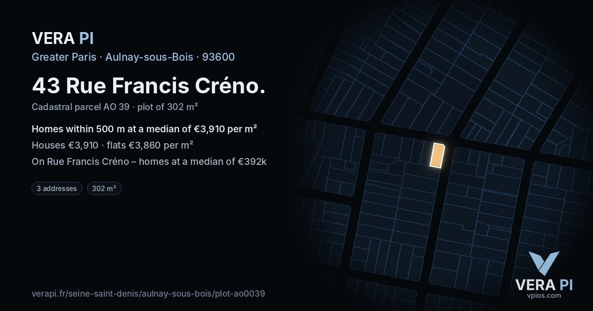 43 Rue Francis Créno, Aulnay-sous-Bois at night – the plot lit, the parcels around coloured by the prices near them