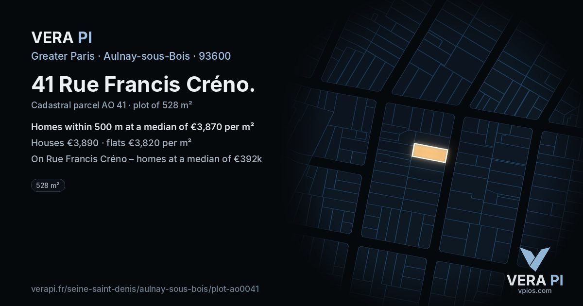 41 Rue Francis Créno, Aulnay-sous-Bois at night – the plot lit, the parcels around coloured by the prices near them