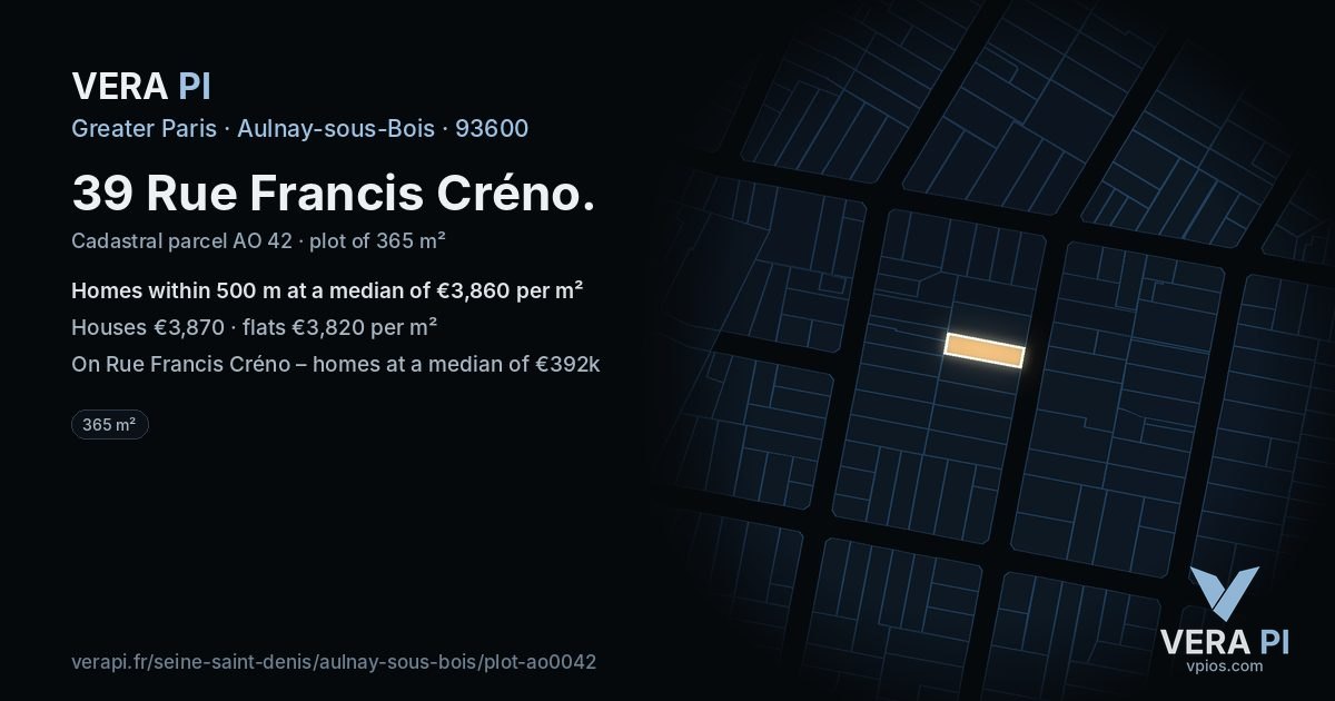 39 Rue Francis Créno, Aulnay-sous-Bois at night – the plot lit, the parcels around coloured by the prices near them