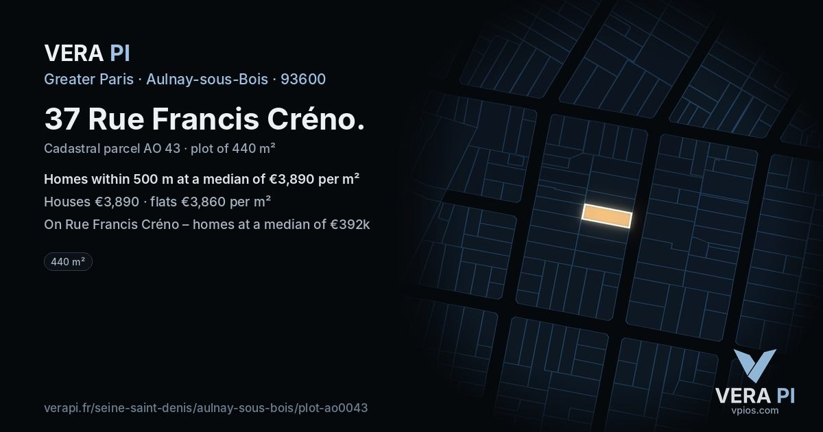 37 Rue Francis Créno, Aulnay-sous-Bois at night – the plot lit, the parcels around coloured by the prices near them