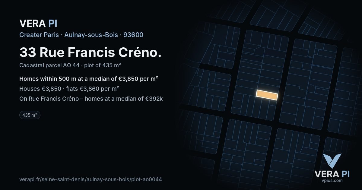 33 Rue Francis Créno, Aulnay-sous-Bois at night – the plot lit, the parcels around coloured by the prices near them