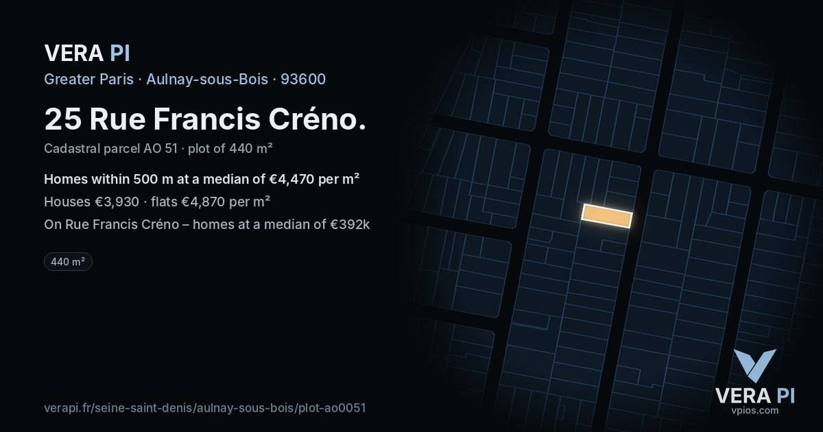 25 Rue Francis Créno, Aulnay-sous-Bois at night – the plot lit, the parcels around coloured by the prices near them