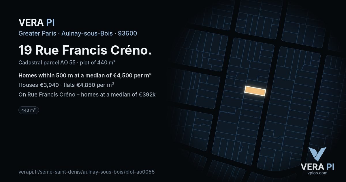 19 Rue Francis Créno, Aulnay-sous-Bois at night – the plot lit, the parcels around coloured by the prices near them