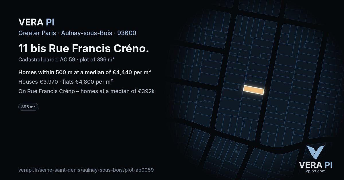 11 bis Rue Francis Créno, Aulnay-sous-Bois at night – the plot lit, the parcels around coloured by the prices near them