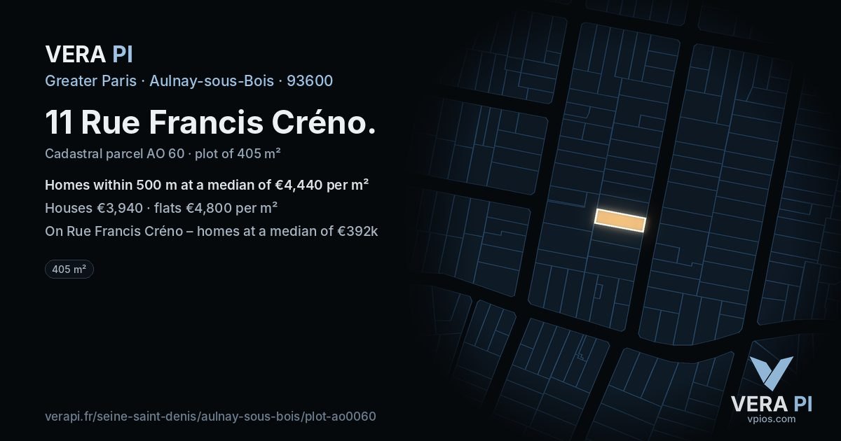 11 Rue Francis Créno, Aulnay-sous-Bois at night – the plot lit, the parcels around coloured by the prices near them