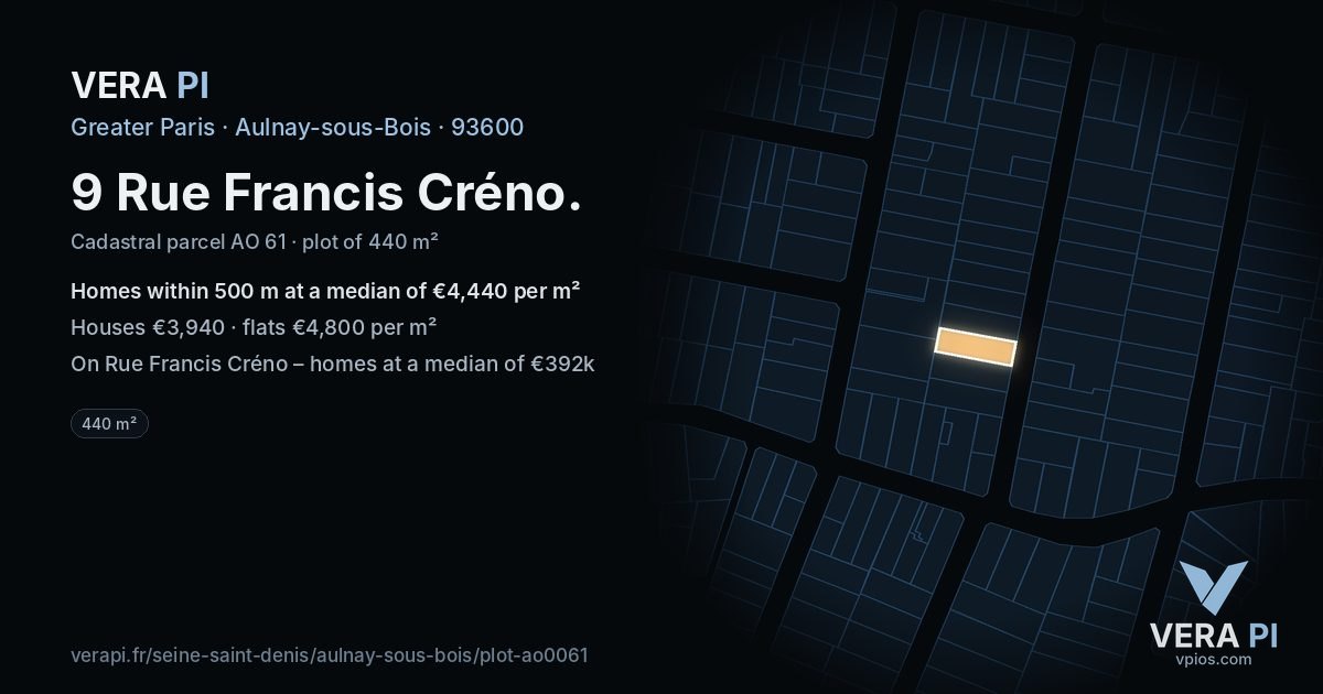 9 Rue Francis Créno, Aulnay-sous-Bois at night – the plot lit, the parcels around coloured by the prices near them