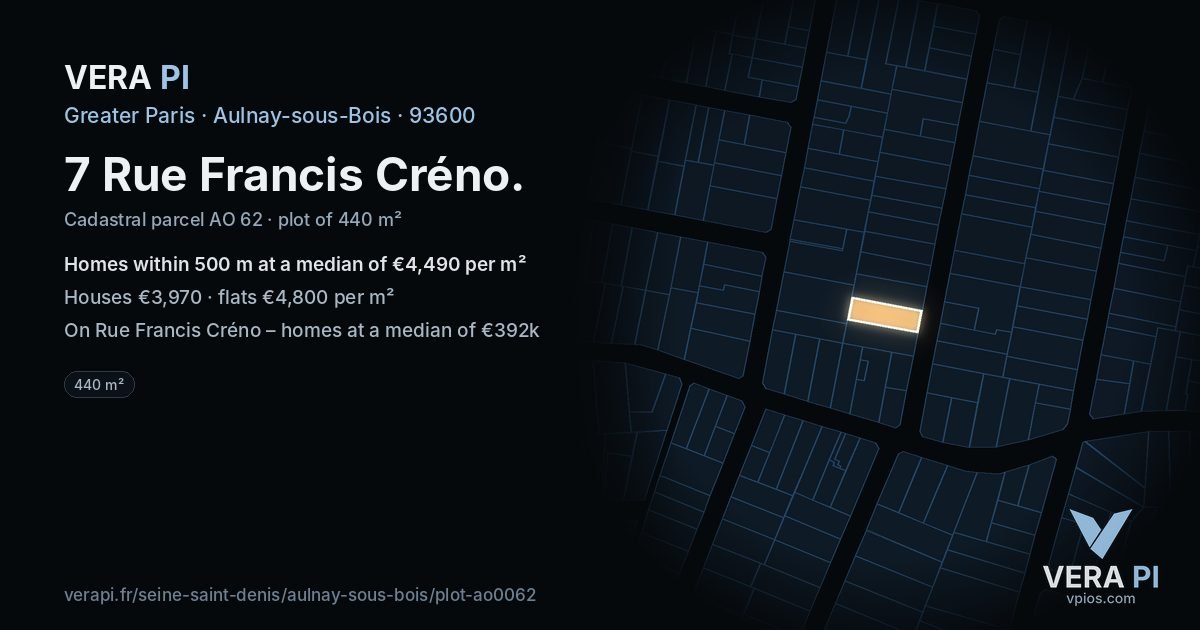 7 Rue Francis Créno, Aulnay-sous-Bois at night – the plot lit, the parcels around coloured by the prices near them