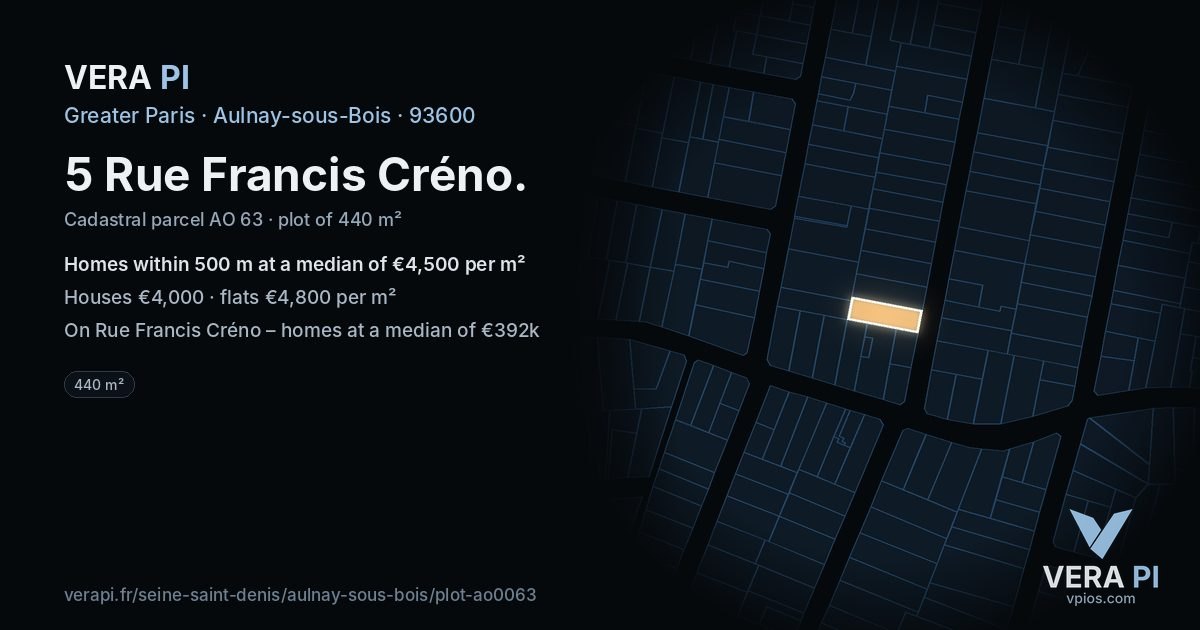 5 Rue Francis Créno, Aulnay-sous-Bois at night – the plot lit, the parcels around coloured by the prices near them