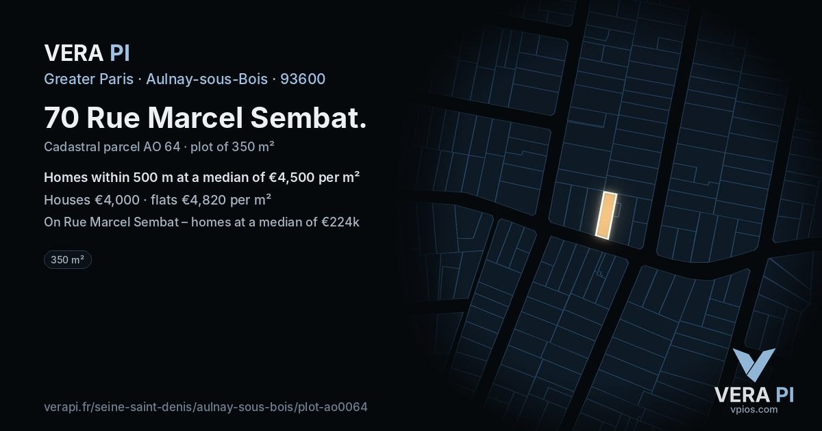 70 Rue Marcel Sembat, Aulnay-sous-Bois at night – the plot lit, the parcels around coloured by the prices near them