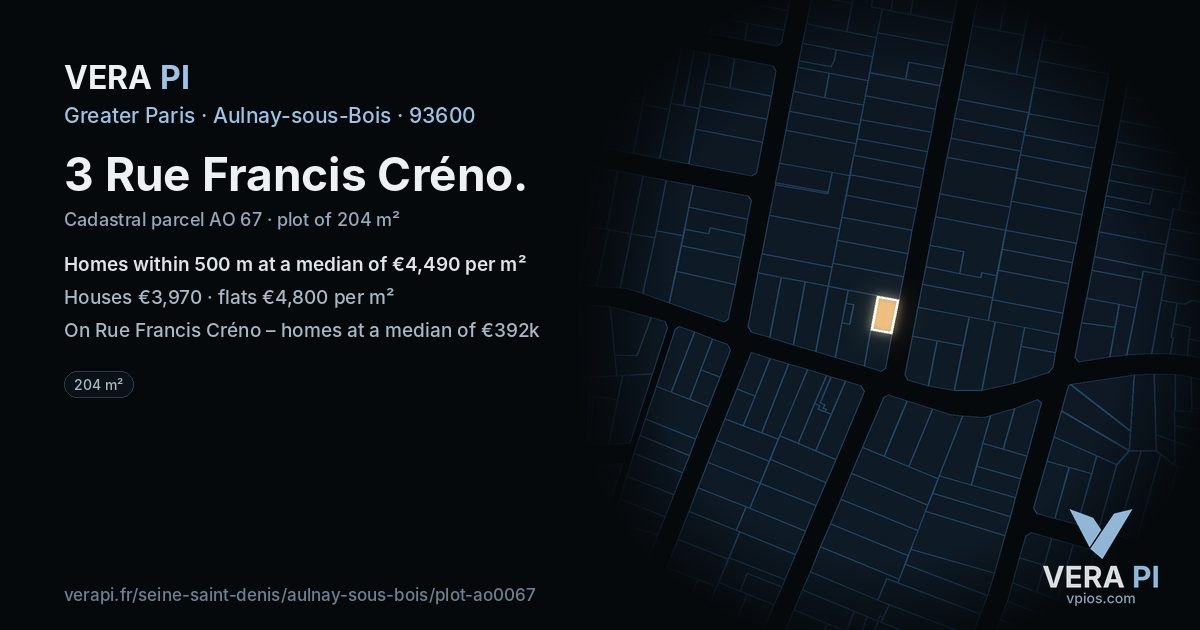 3 Rue Francis Créno, Aulnay-sous-Bois at night – the plot lit, the parcels around coloured by the prices near them