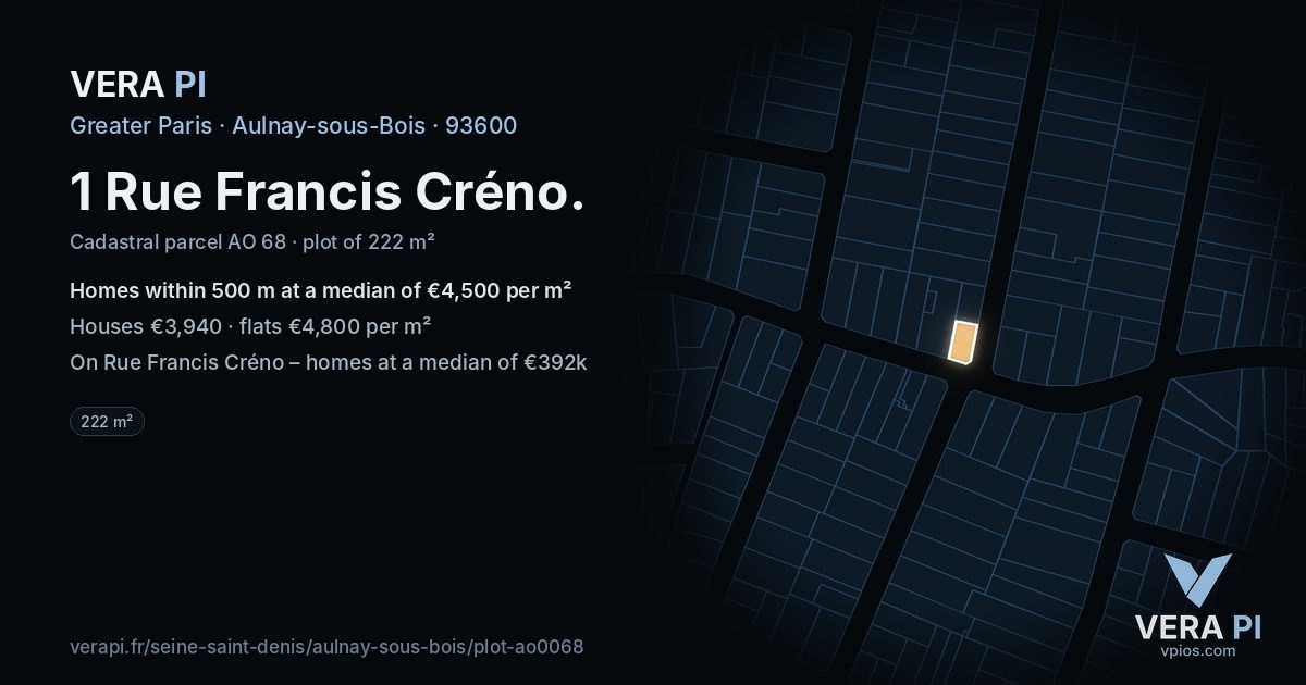 1 Rue Francis Créno, Aulnay-sous-Bois at night – the plot lit, the parcels around coloured by the prices near them