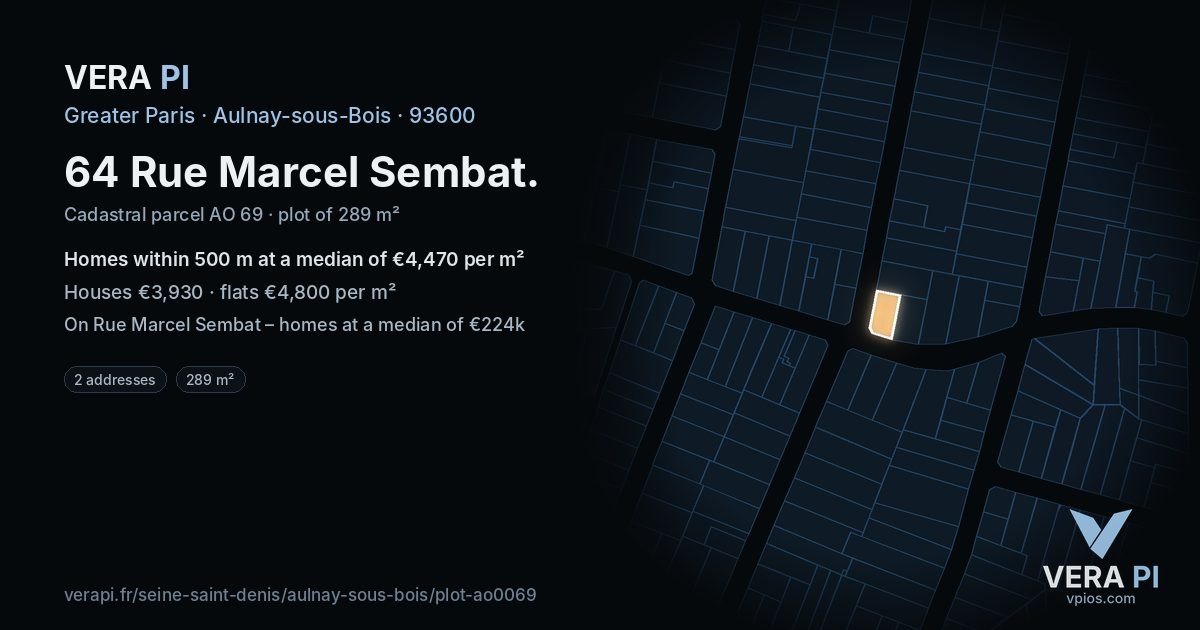 64 Rue Marcel Sembat, Aulnay-sous-Bois at night – the plot lit, the parcels around coloured by the prices near them