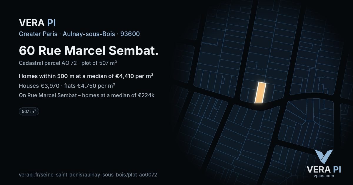 60 Rue Marcel Sembat, Aulnay-sous-Bois at night – the plot lit, the parcels around coloured by the prices near them