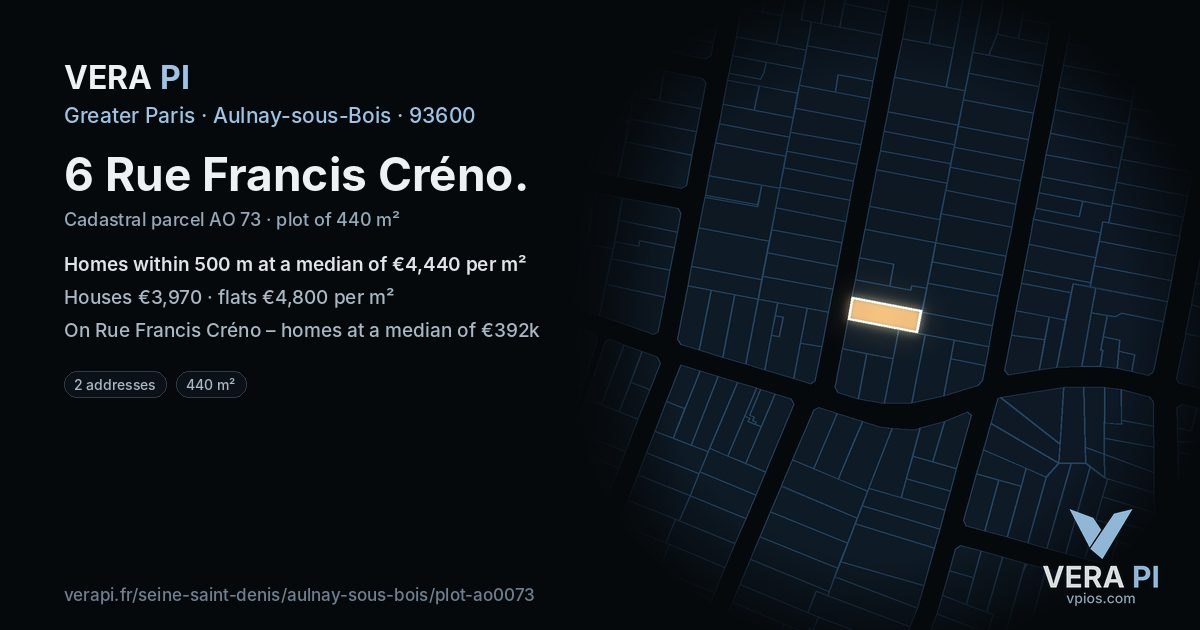 6 Rue Francis Créno, Aulnay-sous-Bois at night – the plot lit, the parcels around coloured by the prices near them