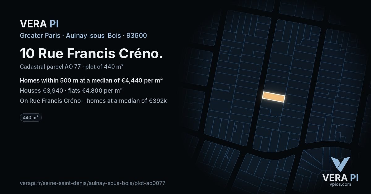 10 Rue Francis Créno, Aulnay-sous-Bois at night – the plot lit, the parcels around coloured by the prices near them