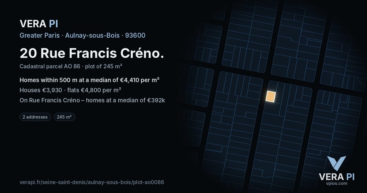 20 Rue Francis Créno, Aulnay-sous-Bois at night – the plot lit, the parcels around coloured by the prices near them