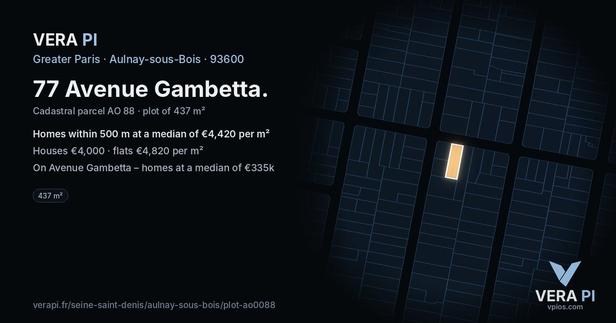 77 Avenue Gambetta, Aulnay-sous-Bois at night – the plot lit, the parcels around coloured by the prices near them